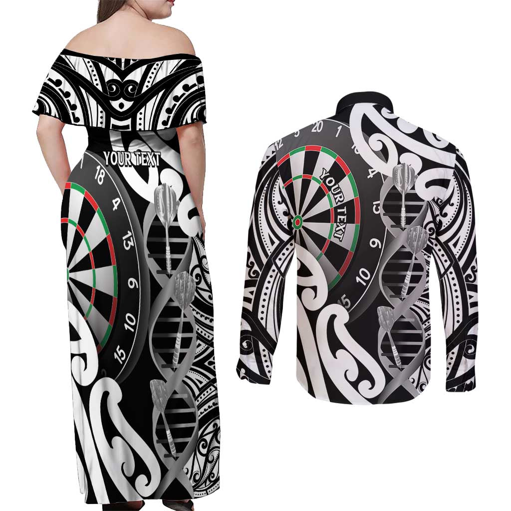 Personalised New Zealand Darts Couples Matching Off Shoulder Maxi Dress and Long Sleeve Button Shirt Aotearoa Maori Its In My DNA Black - Polynesian Pride