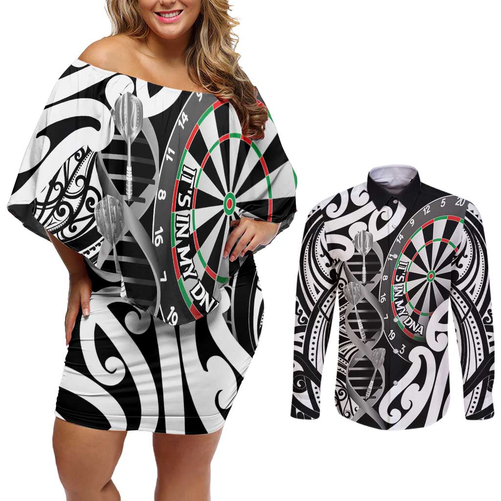 Personalised New Zealand Darts Couples Matching Off Shoulder Short Dress and Long Sleeve Button Shirt Aotearoa Maori Its In My DNA Black - Polynesian Pride