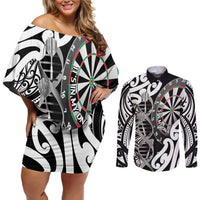 Personalised New Zealand Darts Couples Matching Off Shoulder Short Dress and Long Sleeve Button Shirt Aotearoa Maori Its In My DNA Black - Polynesian Pride