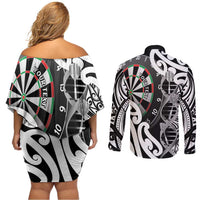 Personalised New Zealand Darts Couples Matching Off Shoulder Short Dress and Long Sleeve Button Shirt Aotearoa Maori Its In My DNA Black - Polynesian Pride