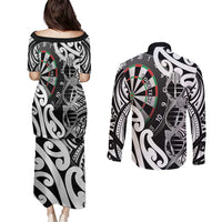 Personalised New Zealand Darts Couples Matching Puletasi and Long Sleeve Button Shirt Aotearoa Maori Its In My DNA Black - Polynesian Pride
