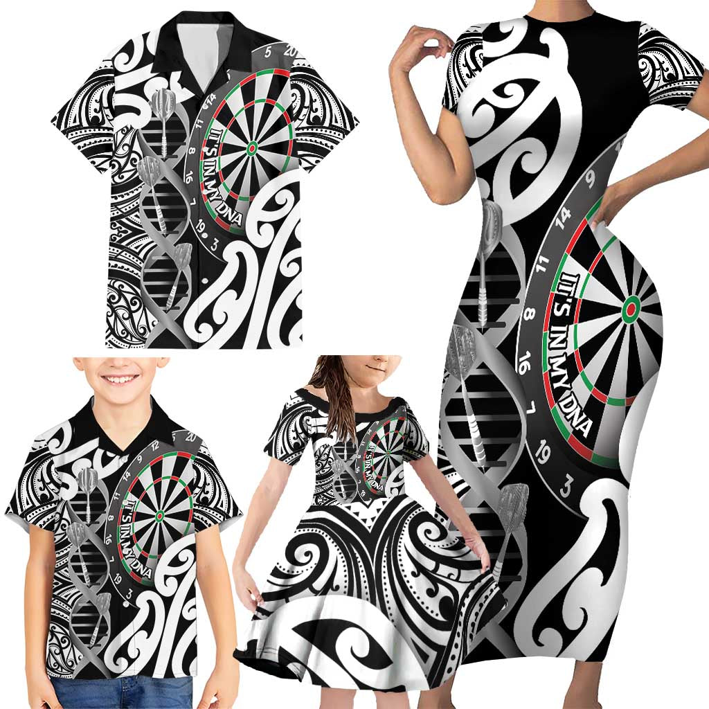 Personalised New Zealand Darts Family Matching Short Sleeve Bodycon Dress and Hawaiian Shirt Aotearoa Maori Its In My DNA Black - Polynesian Pride