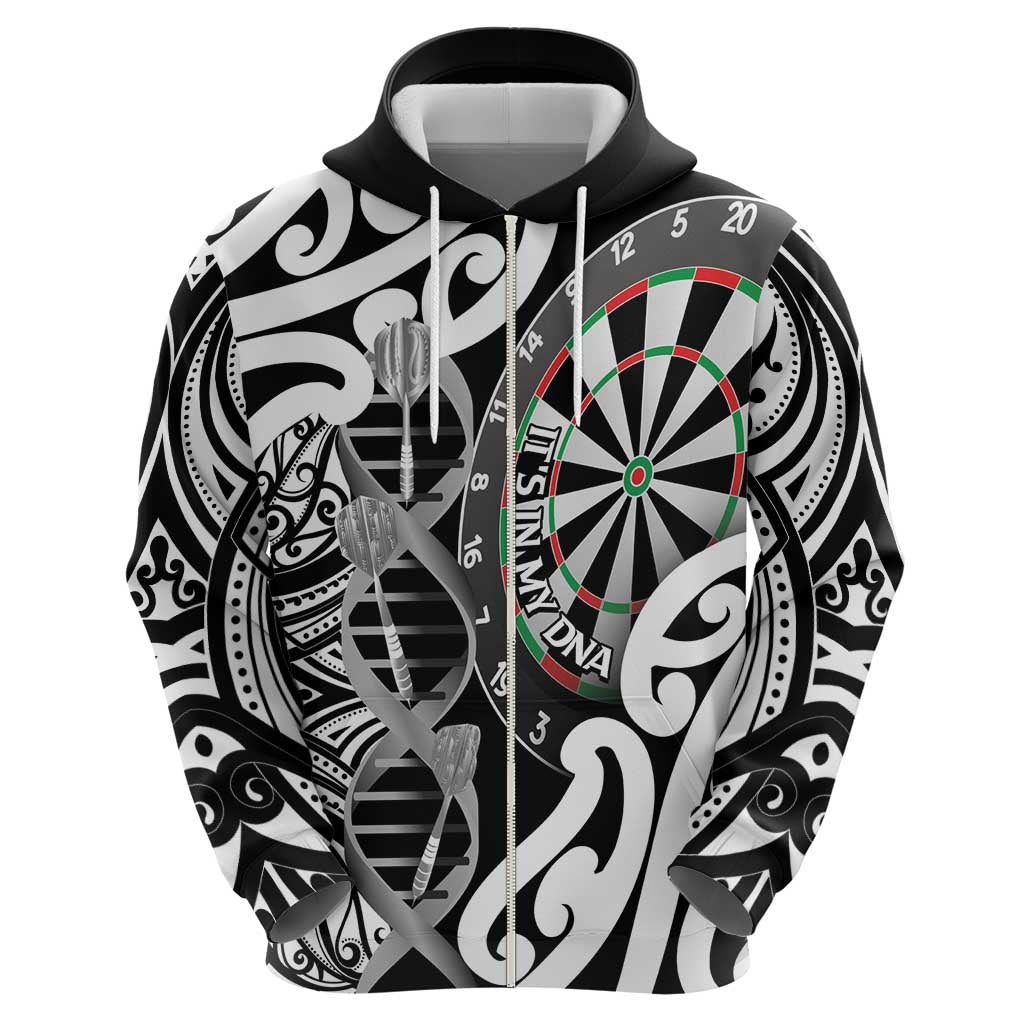 Personalised New Zealand Darts Zip Hoodie Aotearoa Maori Its In My DNA Black - Polynesian Pride