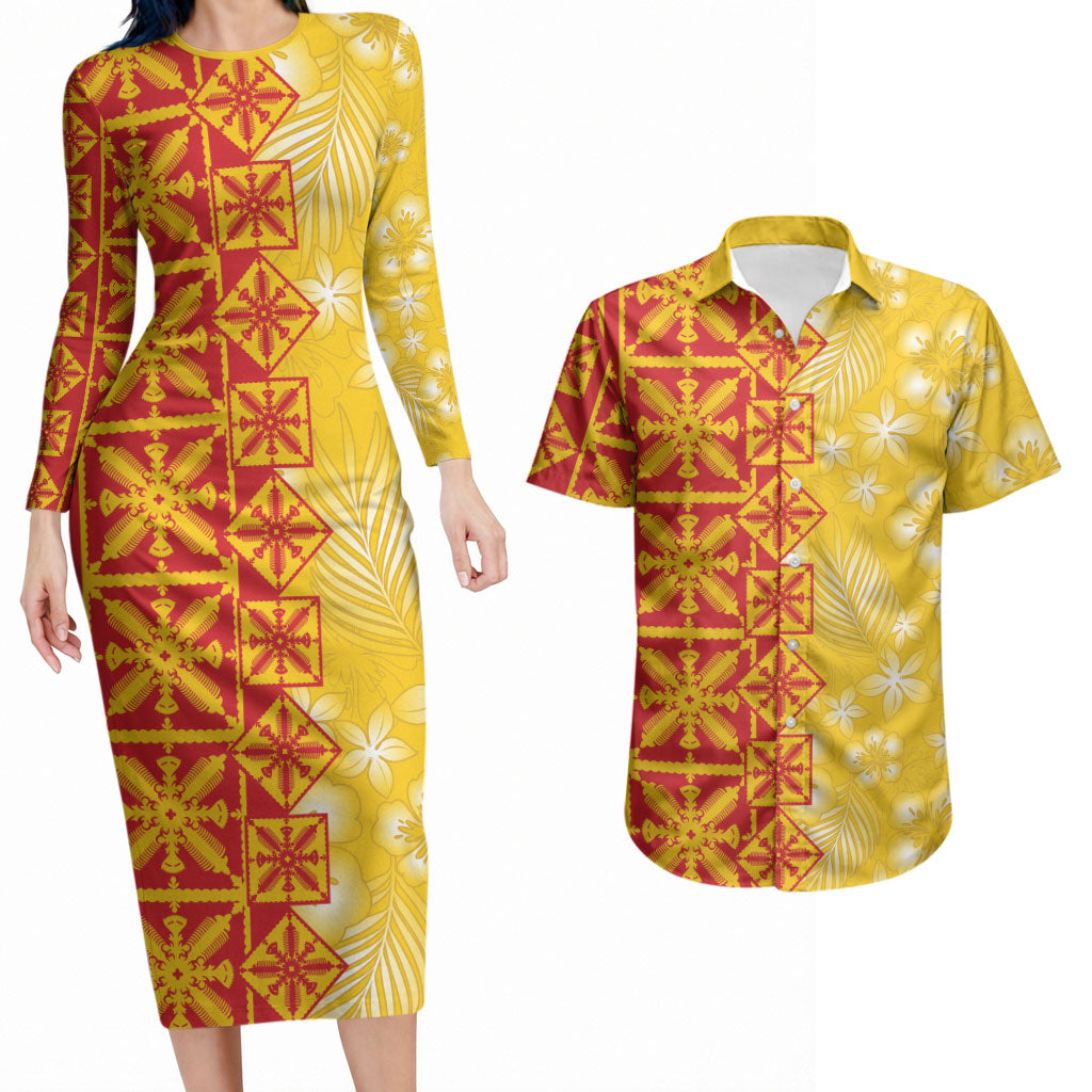 Kahili Quilt Hawaii Couples Matching Long Sleeve Bodycon Dress and Hawaiian Shirt Tropical Flower Seamless Half Style LT14 Yellow - Polynesian Pride