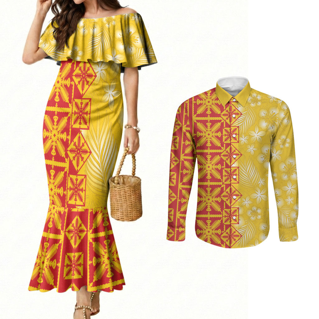 Kahili Quilt Hawaii Couples Matching Mermaid Dress and Long Sleeve Button Shirt Tropical Flower Seamless Half Style LT14 Yellow - Polynesian Pride