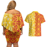 Kahili Quilt Hawaii Couples Matching Off Shoulder Short Dress and Hawaiian Shirt Tropical Flower Seamless Half Style