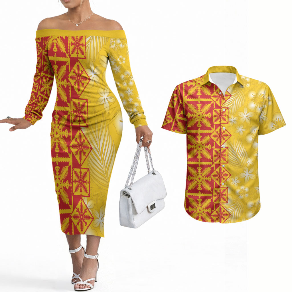 Kahili Quilt Hawaii Couples Matching Off The Shoulder Long Sleeve Dress and Hawaiian Shirt Tropical Flower Seamless Half Style LT14 Yellow - Polynesian Pride