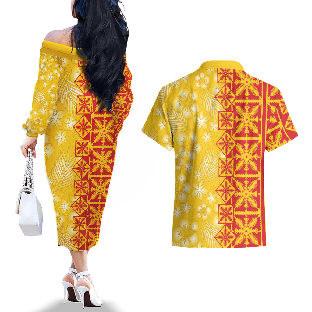 Kahili Quilt Hawaii Couples Matching Off The Shoulder Long Sleeve Dress and Hawaiian Shirt Tropical Flower Seamless Half Style