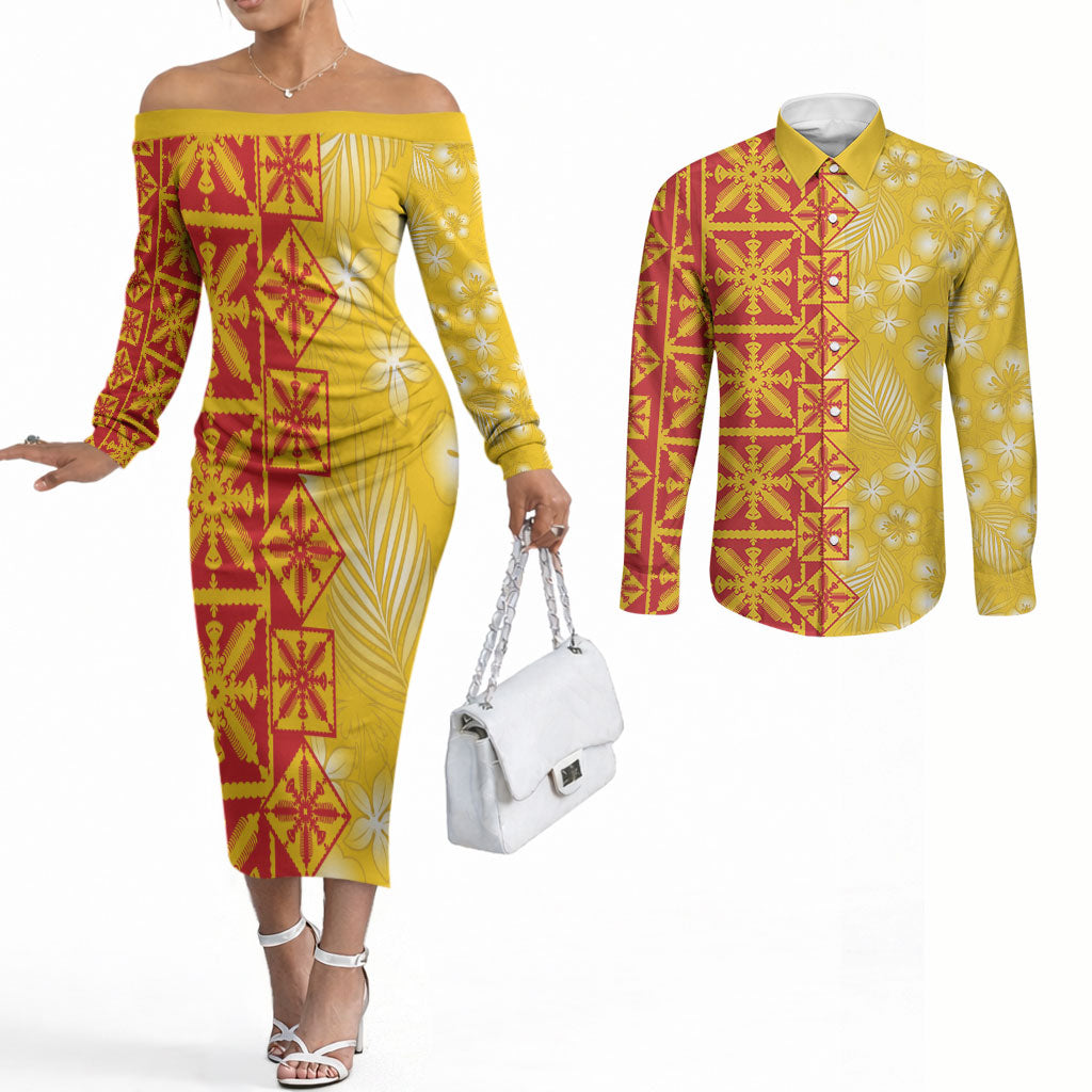 Kahili Quilt Hawaii Couples Matching Off The Shoulder Long Sleeve Dress and Long Sleeve Button Shirt Tropical Flower Seamless Half Style LT14 Yellow - Polynesian Pride