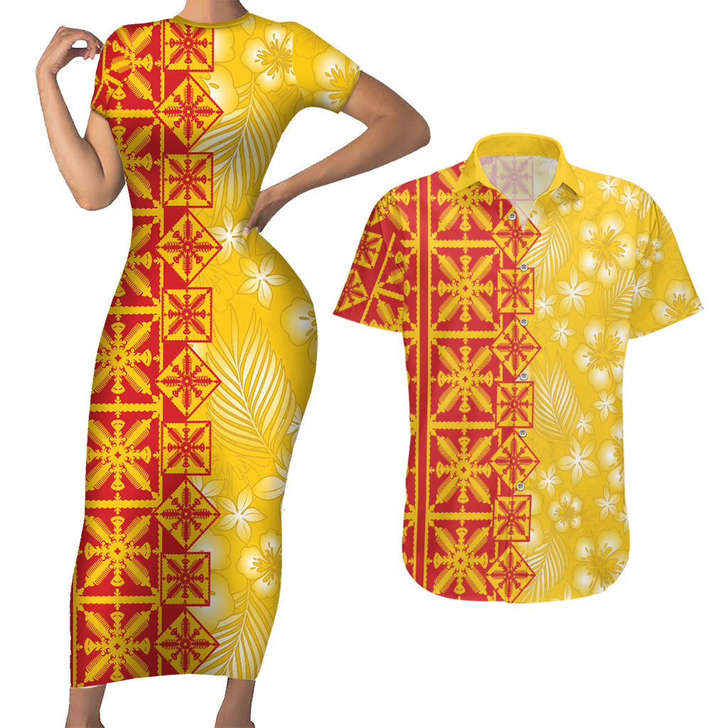Kahili Quilt Hawaii Couples Matching Short Sleeve Bodycon Dress and Hawaiian Shirt Tropical Flower Seamless Half Style
