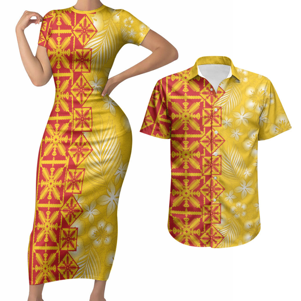 Kahili Quilt Hawaii Couples Matching Short Sleeve Bodycon Dress and Hawaiian Shirt Tropical Flower Seamless Half Style LT14 Yellow - Polynesian Pride