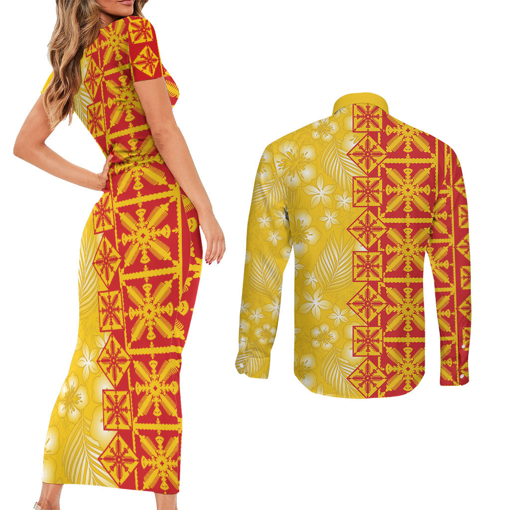 Kahili Quilt Hawaii Couples Matching Short Sleeve Bodycon Dress and Long Sleeve Button Shirt Tropical Flower Seamless Half Style