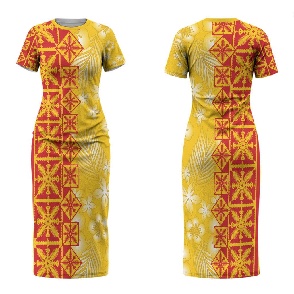 Kahili Quilt Hawaii Couples Matching Short Sleeve Bodycon Dress and Long Sleeve Button Shirt Tropical Flower Seamless Half Style LT14 - Polynesian Pride