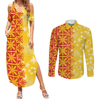 Kahili Quilt Hawaii Couples Matching Summer Maxi Dress and Long Sleeve Button Shirt Tropical Flower Seamless Half Style