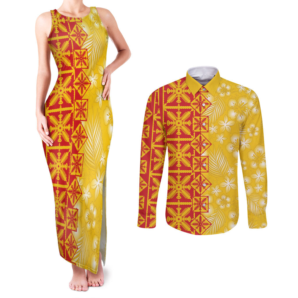 Kahili Quilt Hawaii Couples Matching Tank Maxi Dress and Long Sleeve Button Shirt Tropical Flower Seamless Half Style