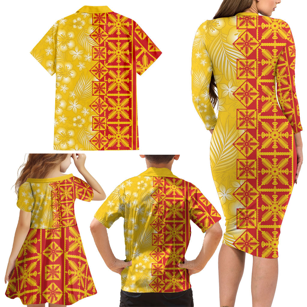 Kahili Quilt Hawaii Family Matching Long Sleeve Bodycon Dress and Hawaiian Shirt Tropical Flower Seamless Half Style