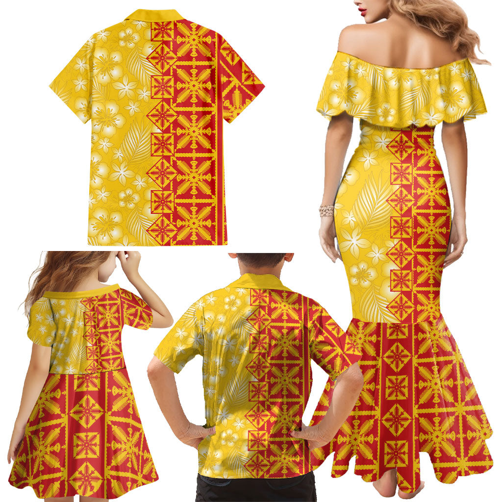 Kahili Quilt Hawaii Family Matching Mermaid Dress and Hawaiian Shirt Tropical Flower Seamless Half Style