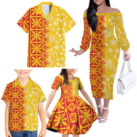 Kahili Quilt Hawaii Family Matching Off The Shoulder Long Sleeve Dress and Hawaiian Shirt Tropical Flower Seamless Half Style