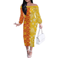 Kahili Quilt Hawaii Family Matching Off The Shoulder Long Sleeve Dress and Hawaiian Shirt Tropical Flower Seamless Half Style