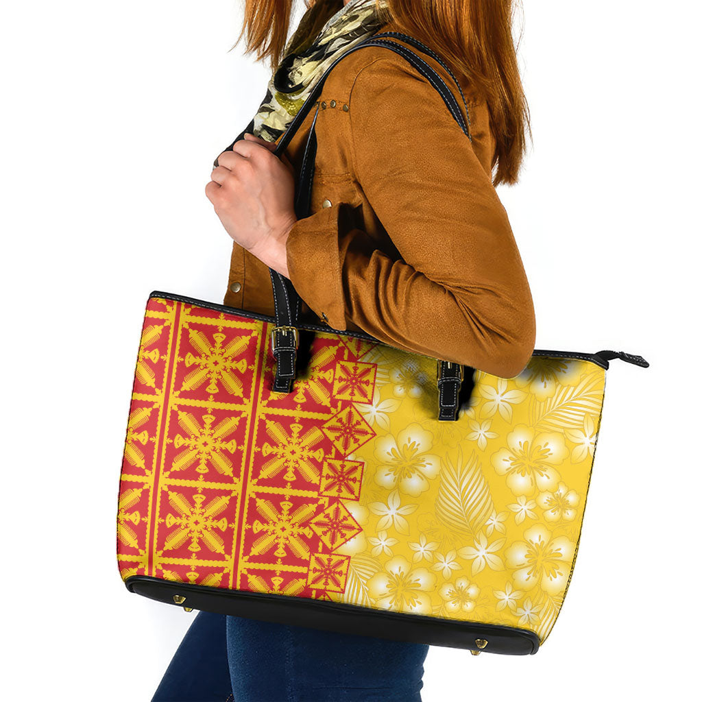 Kahili Quilt Hawaii Leather Tote Bag Tropical Flower Seamless Half Style