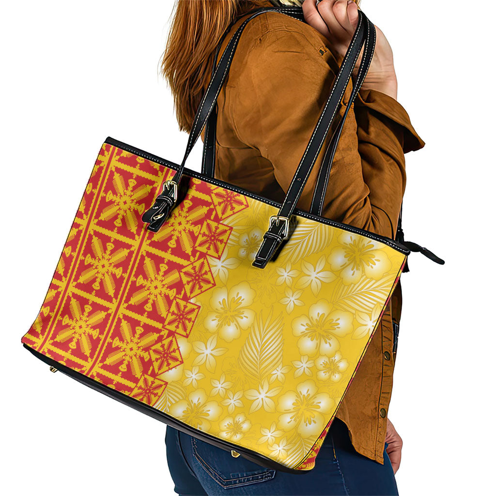 Kahili Quilt Hawaii Leather Tote Bag Tropical Flower Seamless Half Style