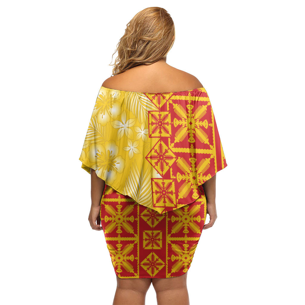 Kahili Quilt Hawaii Off Shoulder Short Dress Tropical Flower Seamless Half Style