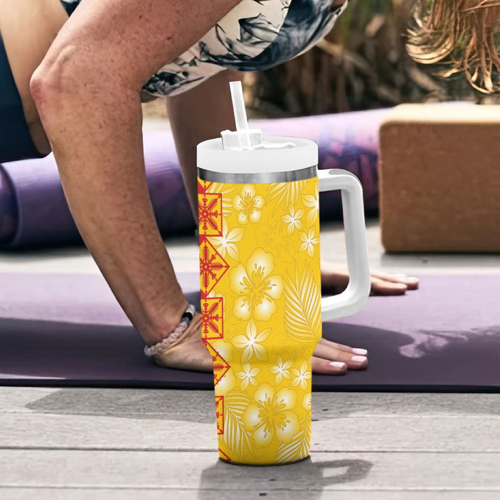 Kahili Quilt Hawaii Tumbler With Handle Tropical Flower Seamless Half Style