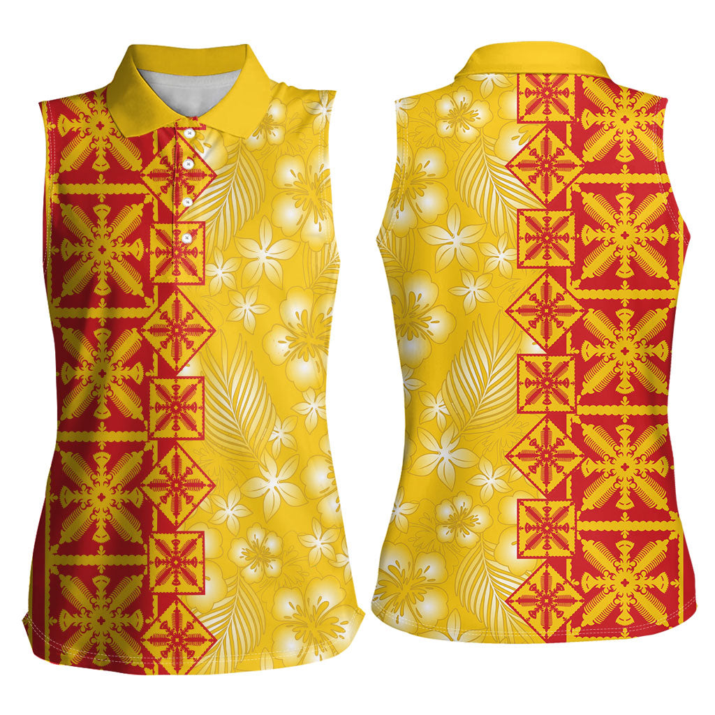 Kahili Quilt Hawaii Women Sleeveless Polo Shirt Tropical Flower Seamless Half Style