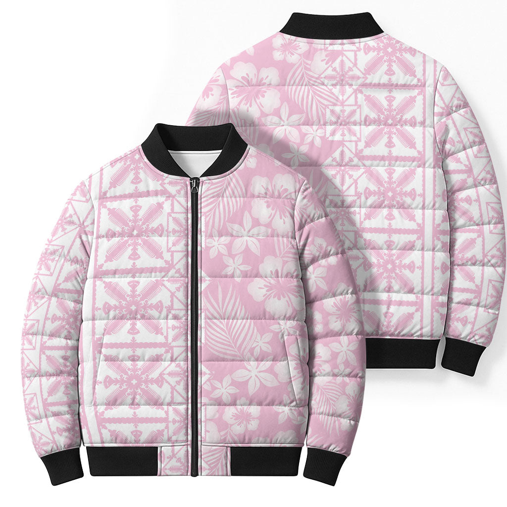Pastel Pink Kahili Quilt Hawaii Bomber Puffer Jacket Tropical Flower Seamless Half Style