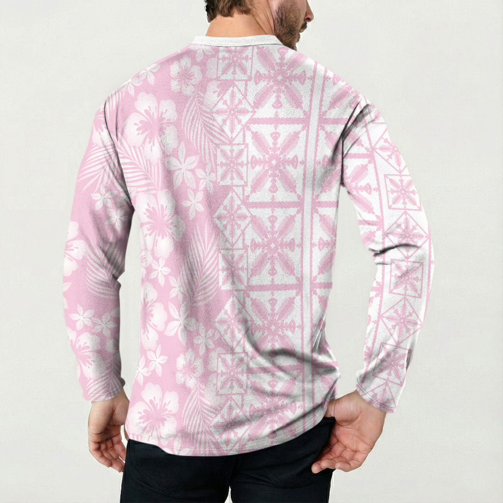 Pastel Pink Kahili Quilt Hawaii Button Sweatshirt Tropical Flower Seamless Half Style