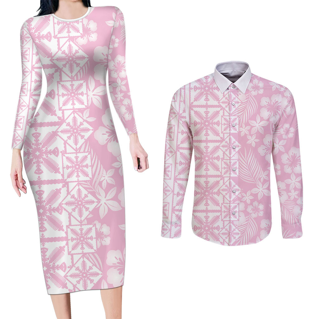 Pastel Pink Kahili Quilt Hawaii Couples Matching Long Sleeve Bodycon Dress and Long Sleeve Button Shirt Tropical Flower Seamless Half Style