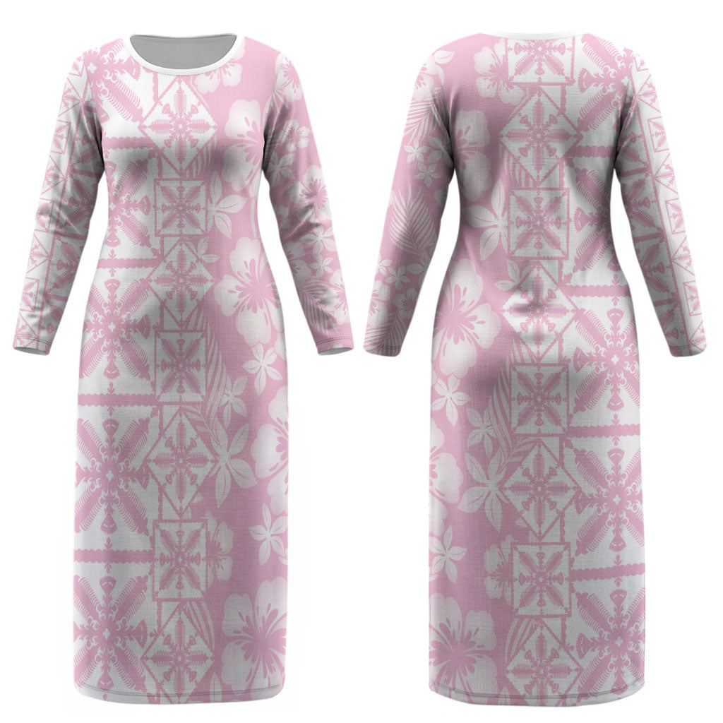 Pastel Pink Kahili Quilt Hawaii Couples Matching Long Sleeve Bodycon Dress and Long Sleeve Button Shirt Tropical Flower Seamless Half Style LT14 - Polynesian Pride