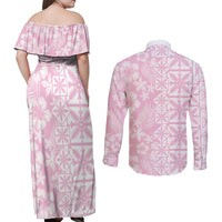 Pastel Pink Kahili Quilt Hawaii Couples Matching Off Shoulder Maxi Dress and Long Sleeve Button Shirt Tropical Flower Seamless Half Style