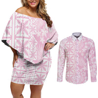 Pastel Pink Kahili Quilt Hawaii Couples Matching Off Shoulder Short Dress and Long Sleeve Button Shirt Tropical Flower Seamless Half Style