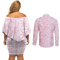 Pastel Pink Kahili Quilt Hawaii Couples Matching Off Shoulder Short Dress and Long Sleeve Button Shirt Tropical Flower Seamless Half Style