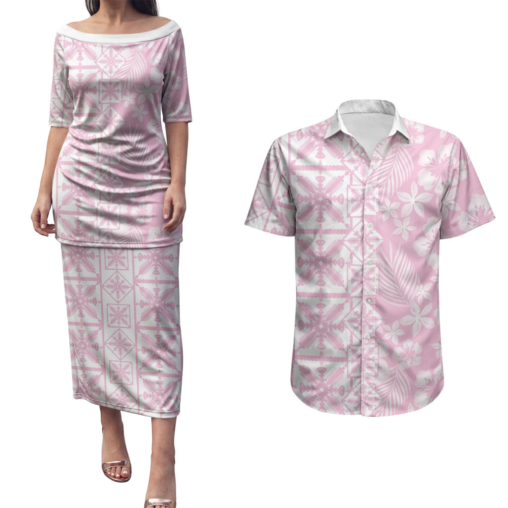 Pastel Pink Kahili Quilt Hawaii Couples Matching Puletasi and Hawaiian Shirt Tropical Flower Seamless Half Style LT14 Pink - Polynesian Pride