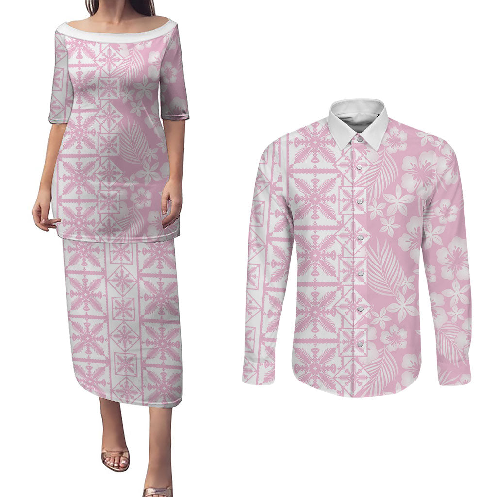 Pastel Pink Kahili Quilt Hawaii Couples Matching Puletasi and Long Sleeve Button Shirt Tropical Flower Seamless Half Style