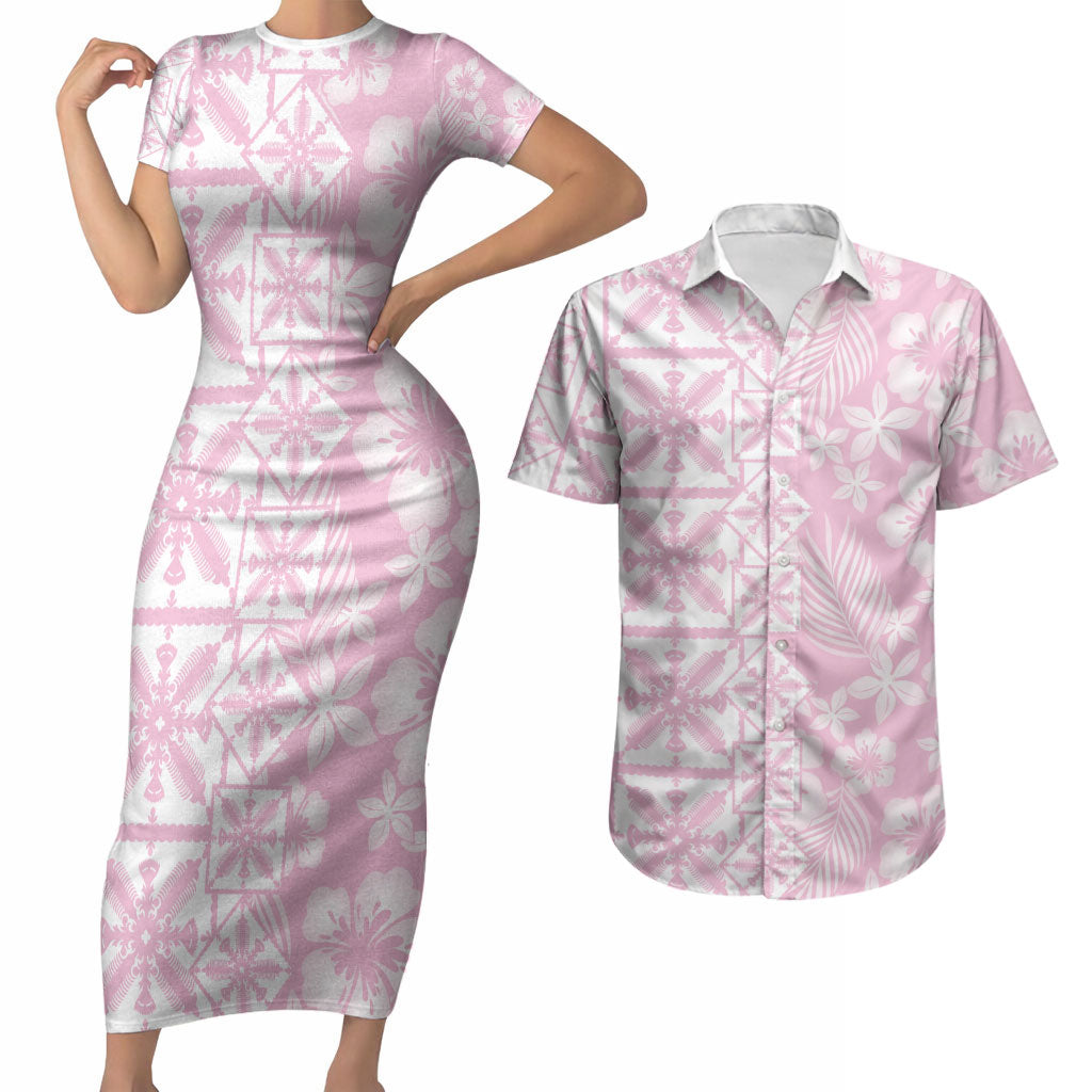 Pastel Pink Kahili Quilt Hawaii Couples Matching Short Sleeve Bodycon Dress and Hawaiian Shirt Tropical Flower Seamless Half Style LT14 Pink - Polynesian Pride