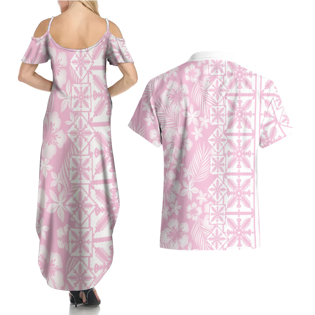 Pastel Pink Kahili Quilt Hawaii Couples Matching Summer Maxi Dress and Hawaiian Shirt Tropical Flower Seamless Half Style