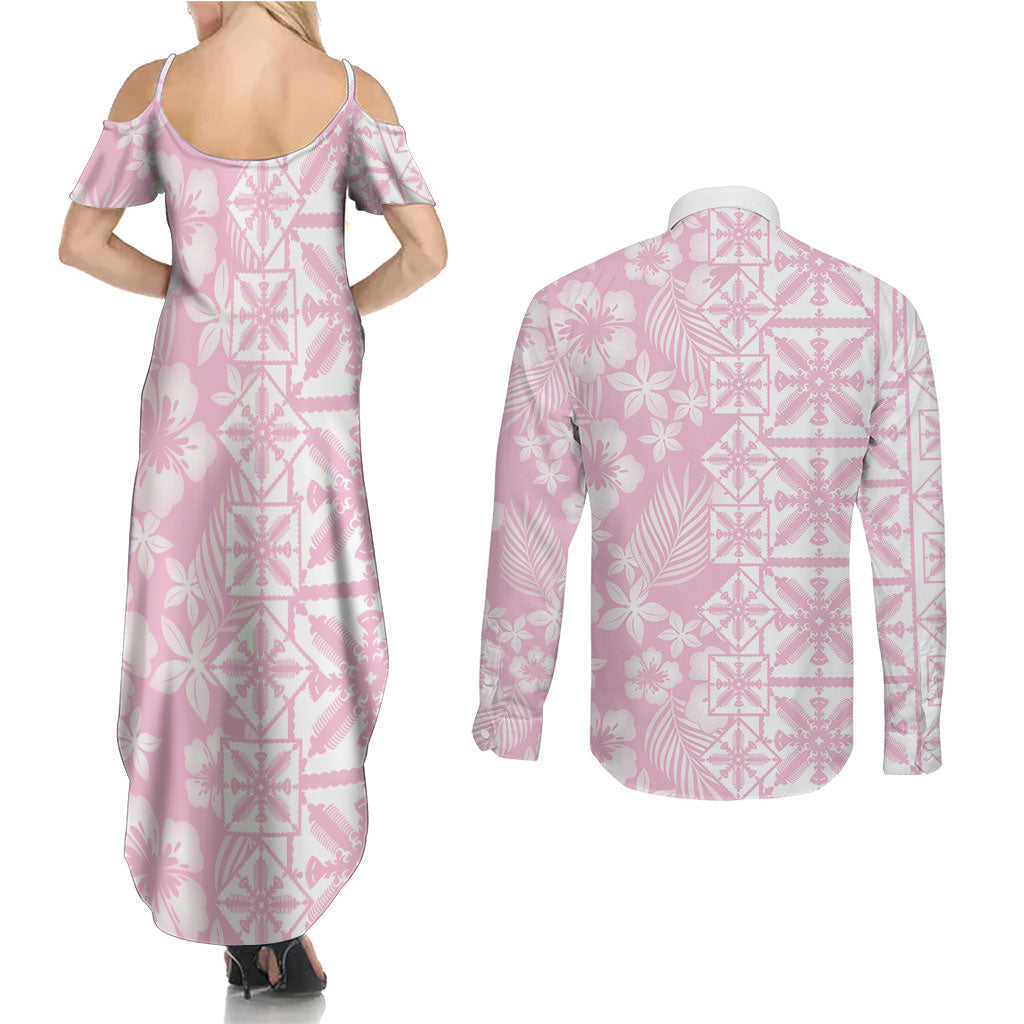 Pastel Pink Kahili Quilt Hawaii Couples Matching Summer Maxi Dress and Long Sleeve Button Shirt Tropical Flower Seamless Half Style