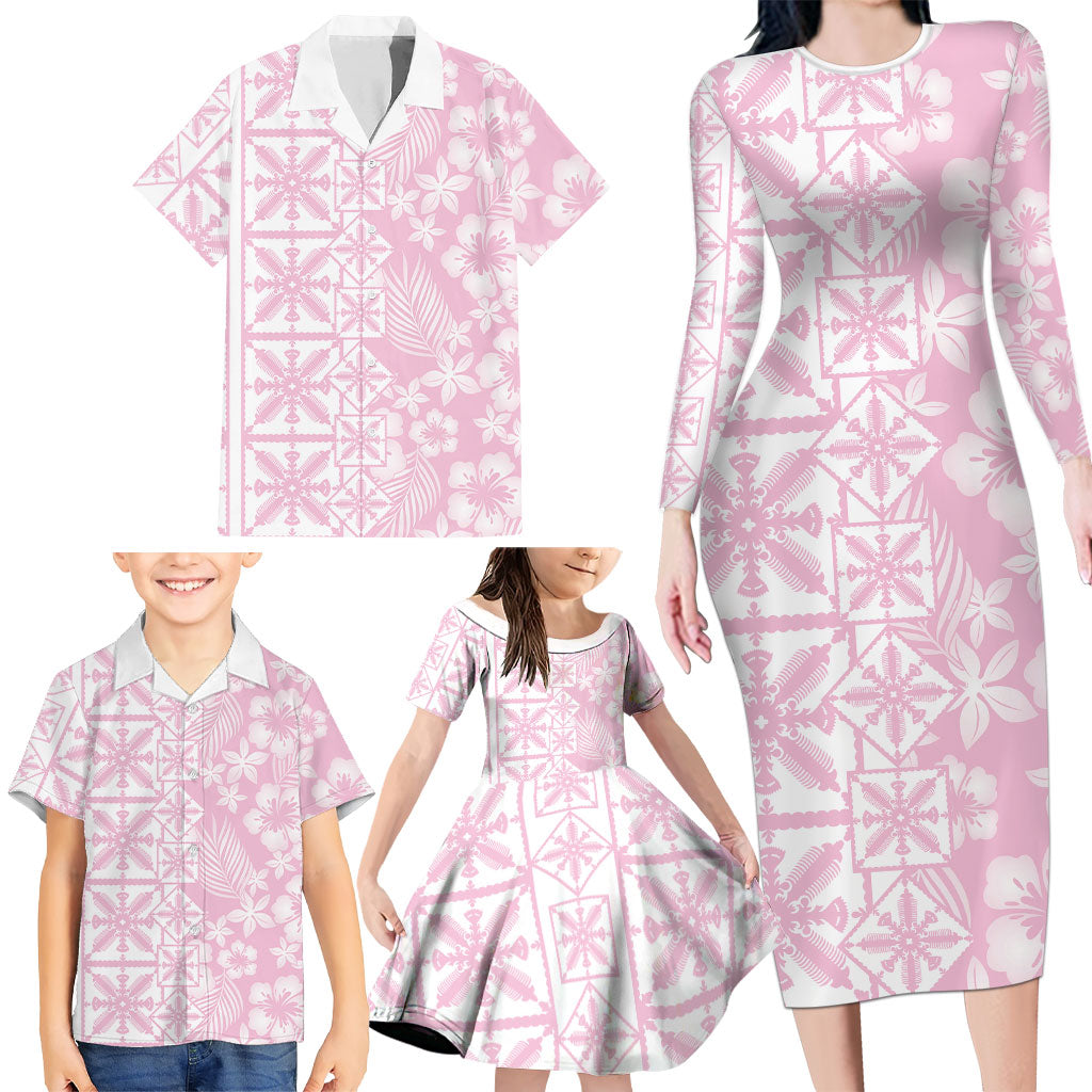 Pastel Pink Kahili Quilt Hawaii Family Matching Long Sleeve Bodycon Dress and Hawaiian Shirt Tropical Flower Seamless Half Style
