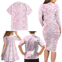 Pastel Pink Kahili Quilt Hawaii Family Matching Long Sleeve Bodycon Dress and Hawaiian Shirt Tropical Flower Seamless Half Style