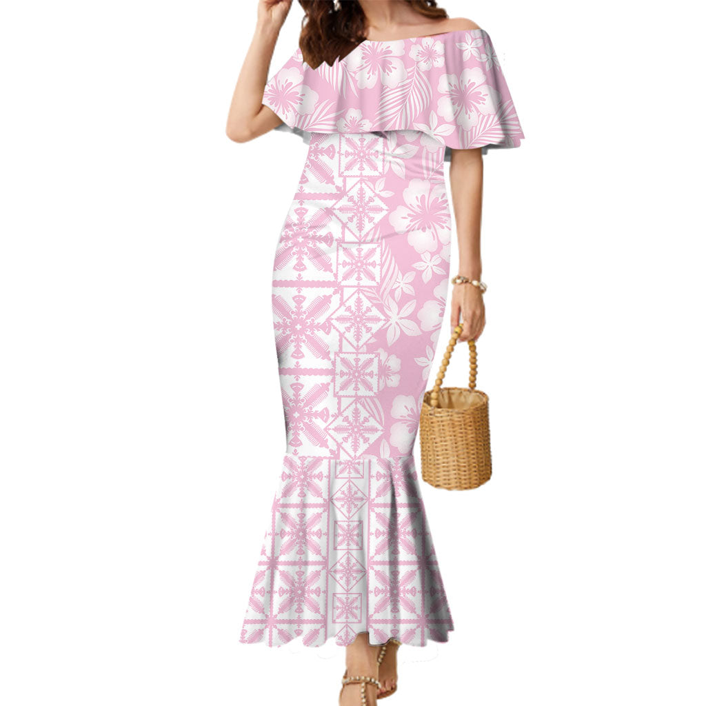 Pastel Pink Kahili Quilt Hawaii Family Matching Mermaid Dress and Hawaiian Shirt Tropical Flower Seamless Half Style