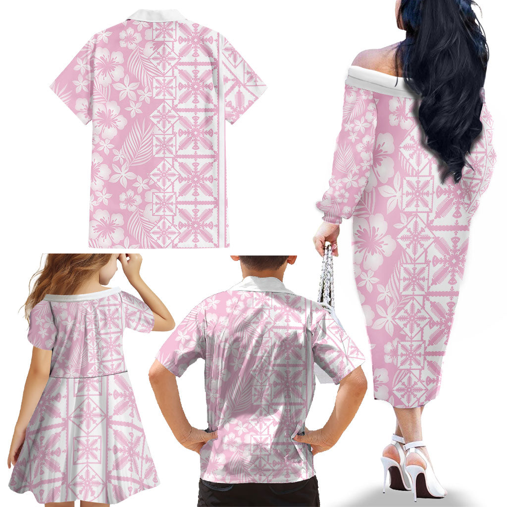 Pastel Pink Kahili Quilt Hawaii Family Matching Off The Shoulder Long Sleeve Dress and Hawaiian Shirt Tropical Flower Seamless Half Style