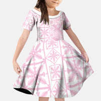 Pastel Pink Kahili Quilt Hawaii Family Matching Off Shoulder Short Dress and Hawaiian Shirt Tropical Flower Seamless Half Style
