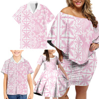 Pastel Pink Kahili Quilt Hawaii Family Matching Off Shoulder Short Dress and Hawaiian Shirt Tropical Flower Seamless Half Style