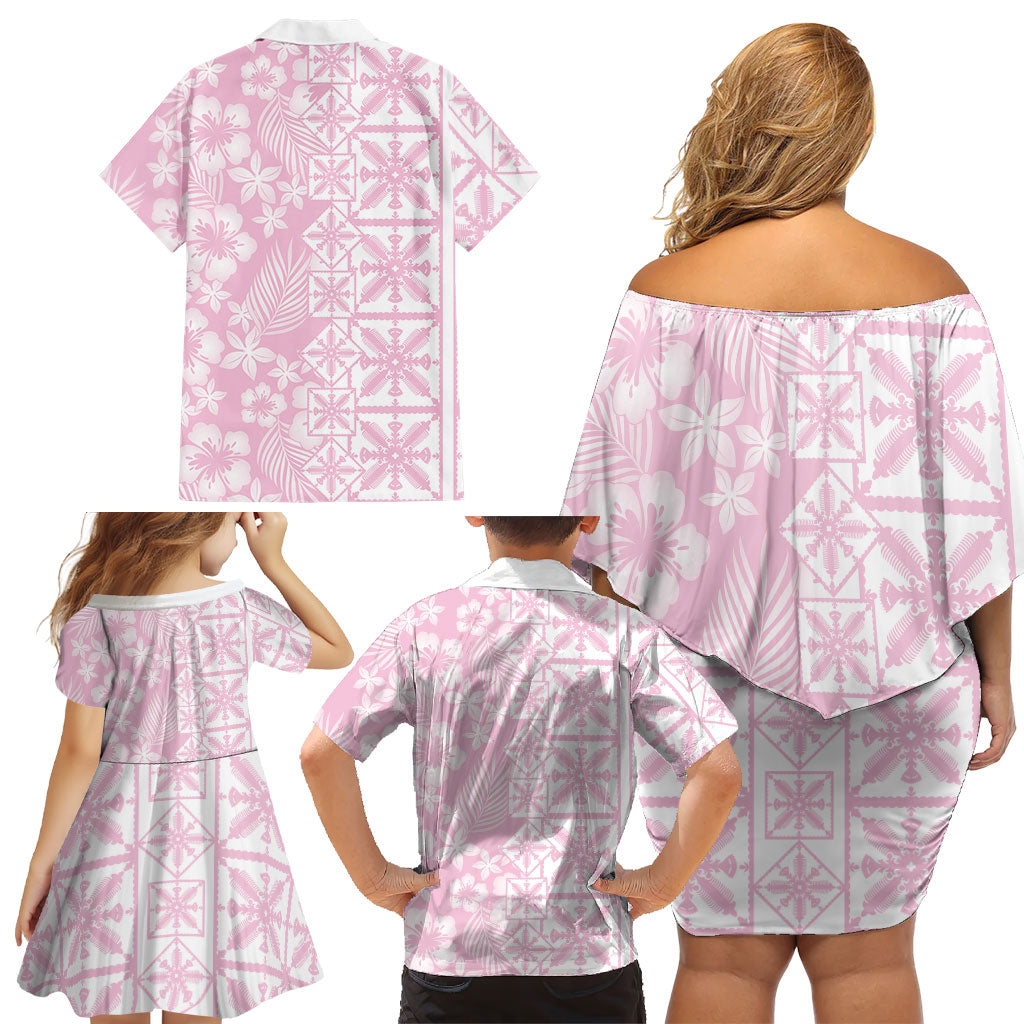 Pastel Pink Kahili Quilt Hawaii Family Matching Off Shoulder Short Dress and Hawaiian Shirt Tropical Flower Seamless Half Style