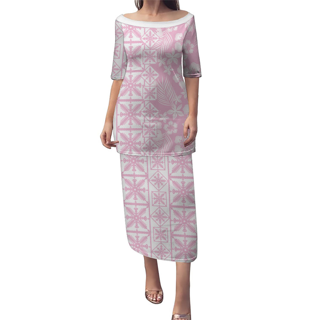 Pastel Pink Kahili Quilt Hawaii Family Matching Puletasi and Hawaiian Shirt Tropical Flower Seamless Half Style