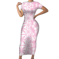 Pastel Pink Kahili Quilt Hawaii Family Matching Short Sleeve Bodycon Dress and Hawaiian Shirt Tropical Flower Seamless Half Style
