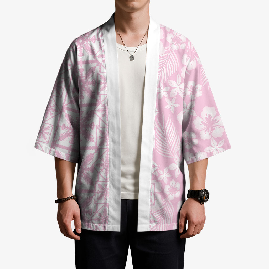 Pastel Pink Kahili Quilt Hawaii Kimono Tropical Flower Seamless Half Style